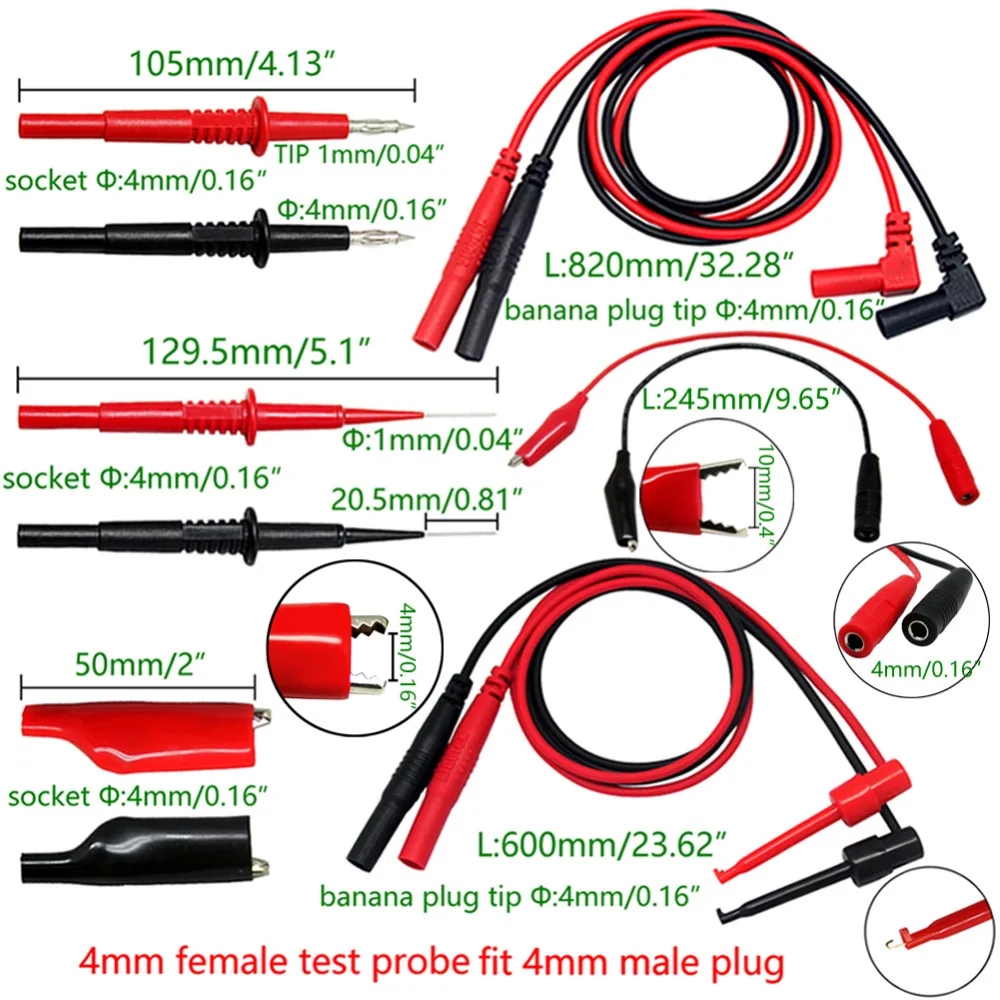 AideTek needle tipped tip test leads set for multimeter Four alligator clips with removable insulator 4TLP20158