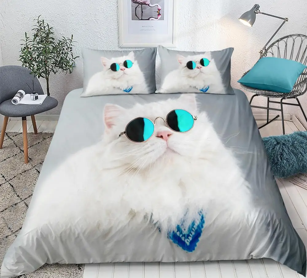 White cat Bedding Set 3D lifelike  Duvet Cover With Pillowcases Cute Animal Cat Bed Set 3-Piece  Bedclothes