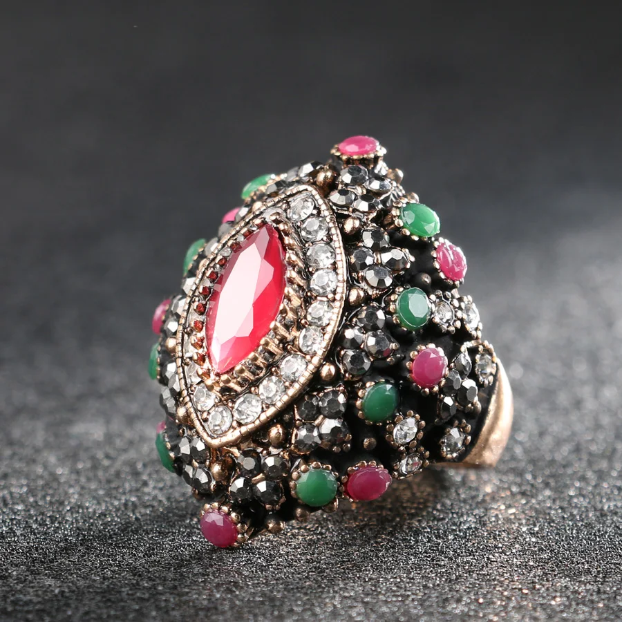 Wbmqda Ethnic Style Vintage Rings For Women Retro Crystal Flowers Red Resin Ancient Gold Color Finger Ring Turkey Jewelry