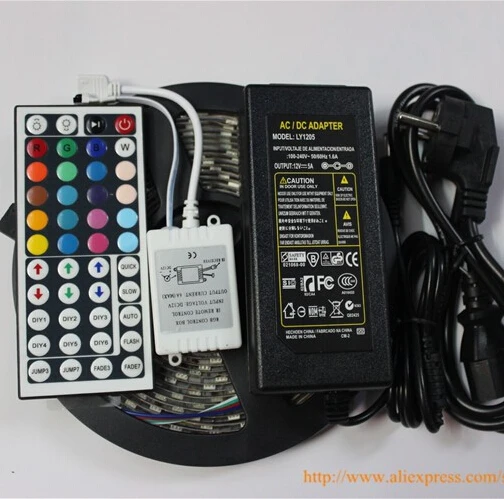 

5M RGB Led Strip 5050 SMD Waterproof/Non waterproof 60LED/M DC12V LED Light+44 Keys Remote Controller+12V 5A Power Adapter