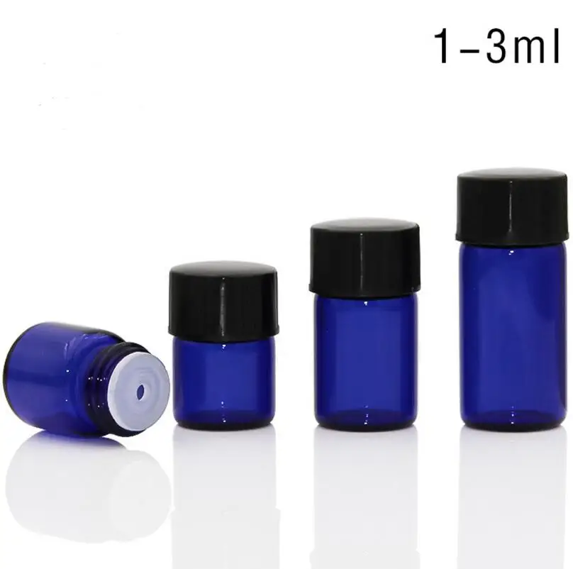 미니 블루 유리 에센셜 오일 병, 오리피스 감속기 및 캡, 1ml, 2ml, 3ml, 로트당 500 개