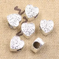 15pcs 10x9x7mm Heart With Love 4.5mm Big Hole Bead Charm Fits Antique Silver Color Charm Bracelets Wholesale DIY Making fit