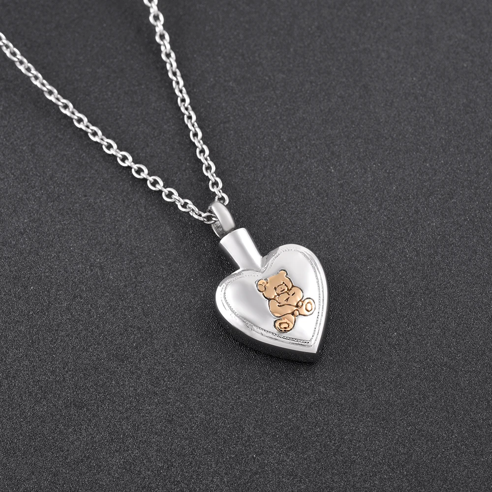 IJD8727 Hot Sale Pet Keepsake Jewlery Golden Cute Bear In My Heart Stainless Steel Cremation Urn Pendant Necklace For Women/Kids