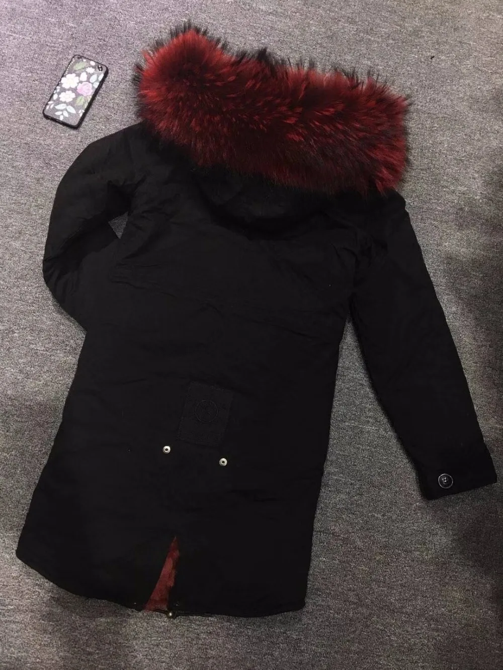 Long Black Cotton Shell Male Winter Casual Wear Thickness Burgundy Faux Fur Lined Overcoat