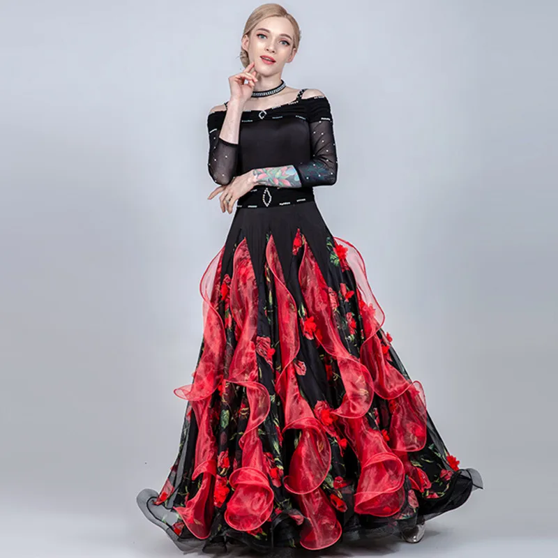 Off Shoulder Black Three-Dimensional Flowers Ballroom Dance Dresses For Woman Dance Costume Waltz Dress Modern Dance Wear Waltz