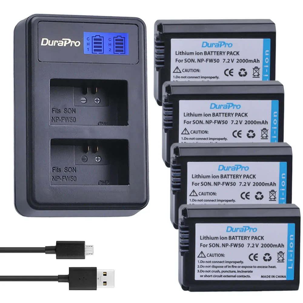 

DuraPro 2000 мАч NP-FW50 NP FW50 батарея + LCD двойное USB зарядное устройство для Sony a6500 a6400 a6300 a6000 a5000 a3000 NEX-3 a7 7R a7R a7R II