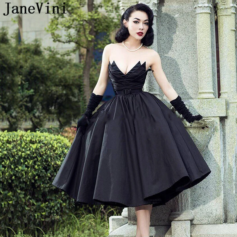 

JaneVini Chic A Line Black Prom Dresses with Sashes 2019 Strapless Satin Tea-Length Backless Formal Women Prom Dress Abendkleid