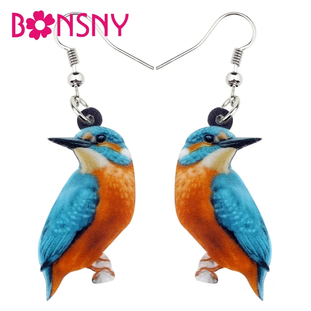 Bonsny Acrylic Floral Alcedo Atthis Kingfisher Bird Earrings Big Dangle Drop Novelty Animal Jewelry For Women Girls Ladies Teens