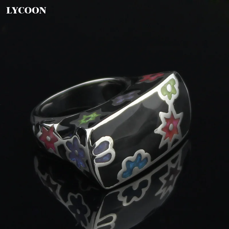 LYCOON Fashion woman colorful flowers resin rings 316L stainless steel polish Imported black Enamel ring in square shape SUK0009