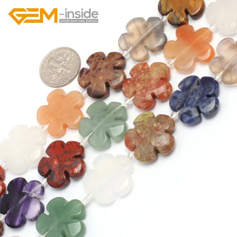 Natural 20mm Carved Flower Assorted Material (Pink Quartzs Jades Fluorite Jaspers Agates) Beads For Jewelry Making Beads 15\