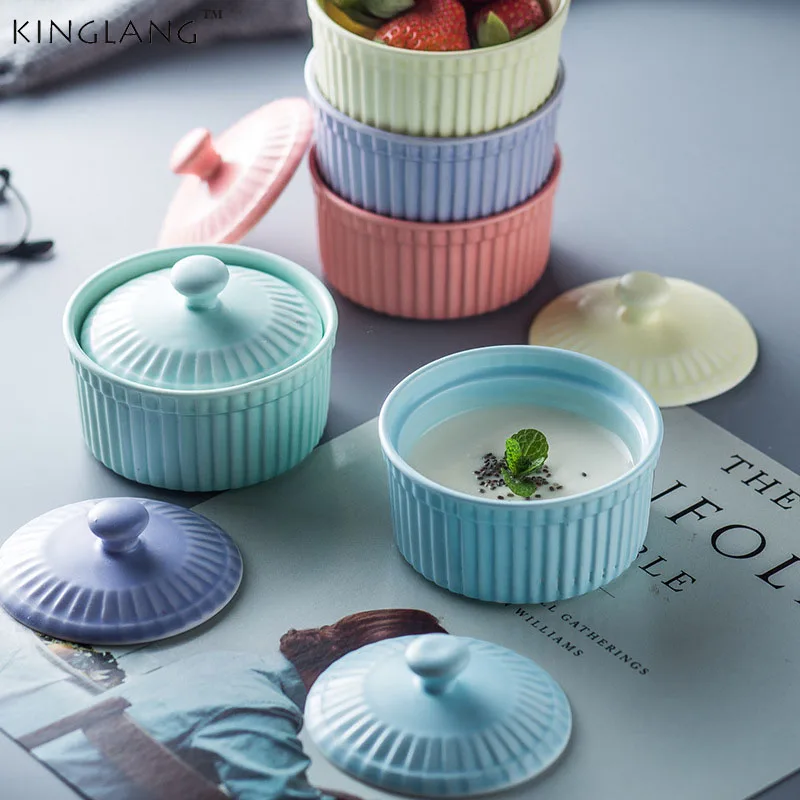 New Nordic Style Ceramic Covered Baking bowl,Souffle Cake Bowl with Lid , Baking Appliances Dish Saucers Wholesale