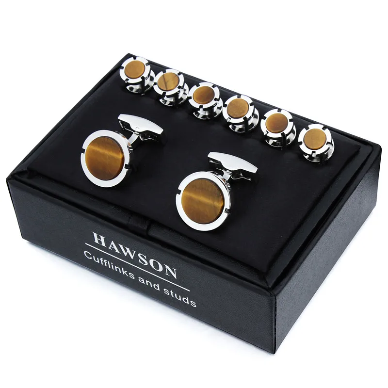 HAWSON Brand Cufflinks and Studs Set Fashion & High Quality Classic Men Brown Cuff Links for Tuxedo