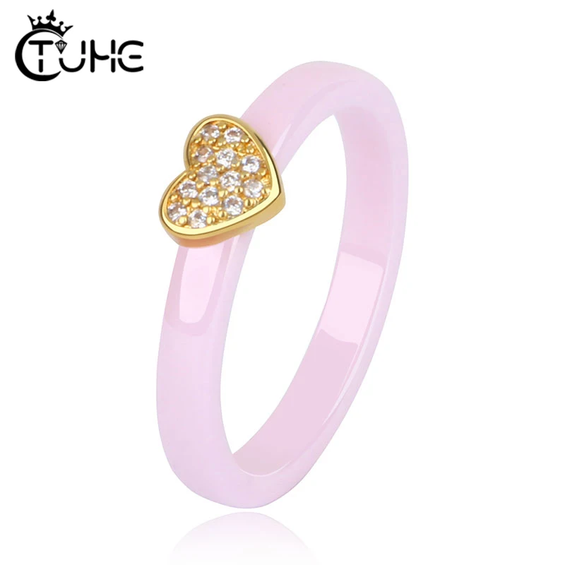 Healthy Pink Ceramic Rings With Lovely Gold Heart CZ Crystal 3mm Width Smooth Ceramic Rings anillos mujer Women Jewelry Hot Sale