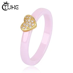 Healthy Pink Ceramic Rings With Lovely Gold Heart CZ Crystal 3mm Width Smooth Ceramic Rings anillos mujer Women Jewelry Hot Sale