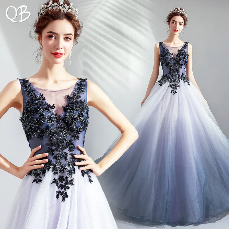 Robe de soirée en Tulle bleu, ligne a, longueur au sol, fleurs, dentelle, perles, luxe, robes de bal, nouvelle mode, XH400, 2020