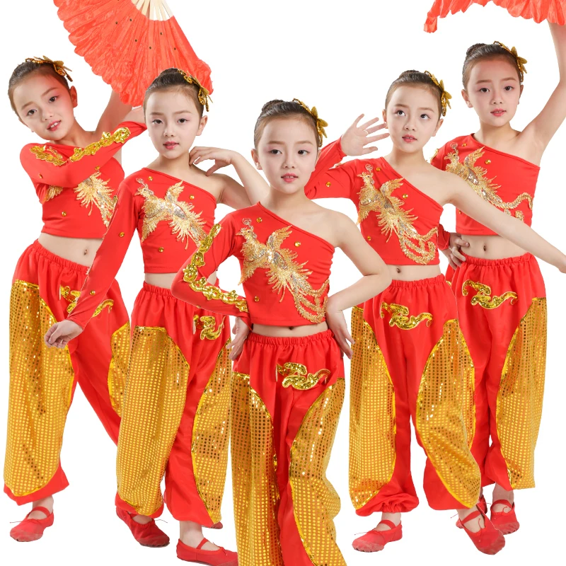 Juvenile dance costume fan dance 2019 new sequin costumes children's national yangko dance collective performance clothing