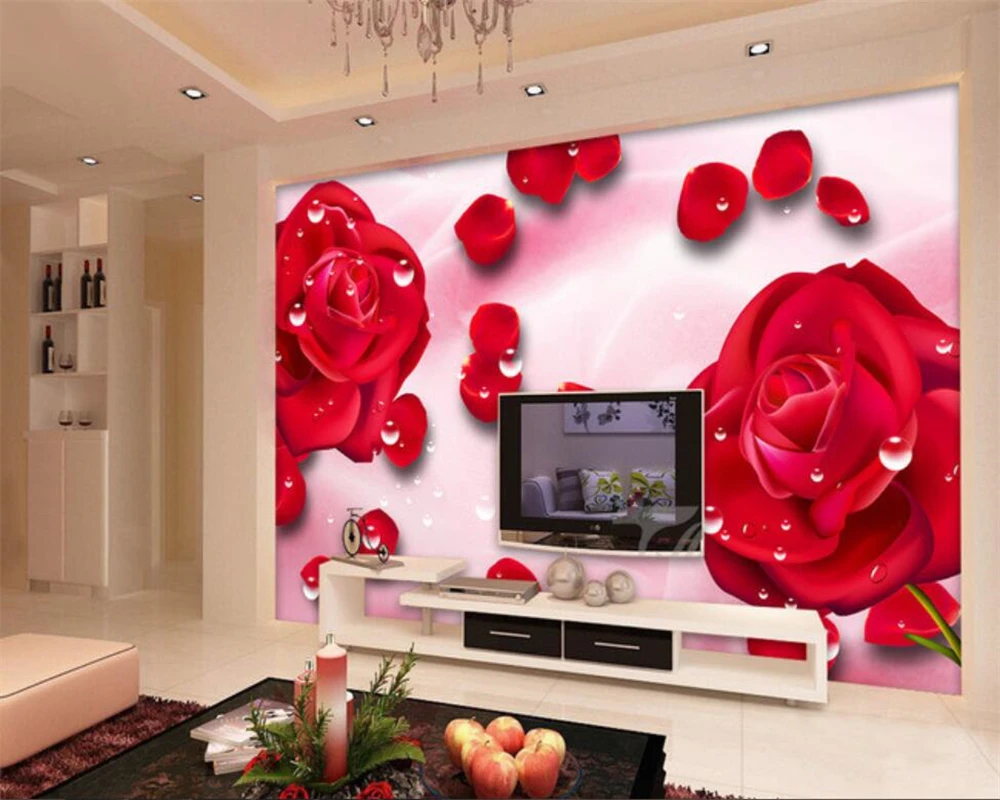 Custom Modern Wedding Background 3D Wallpaper Water Drop Red Rose Petal TV Background Wall 3d wallpaper wall sticker beibehang