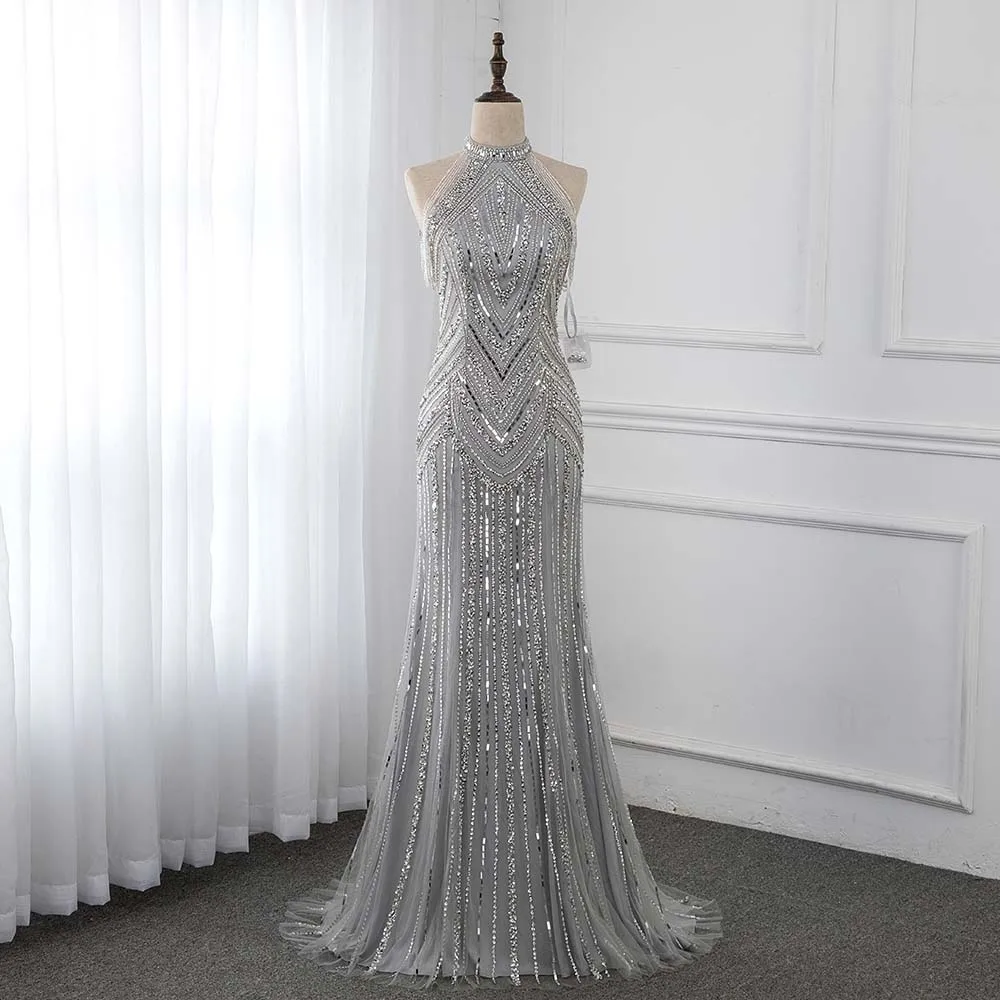 2020 Silver Long Evening Dresses Mermaid High Neck Beaded Sleeveless Formal Gowns Court Train Robe De Soiree YQLNNE