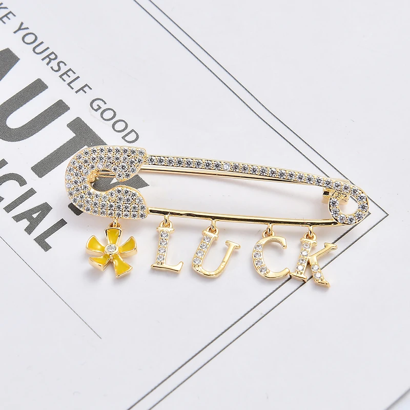 

Zhijia Fashion Brand Vintage Paper Clip LUCK Brooches For Women Rhinestone Brooch Pin Dress Clothing Accessories