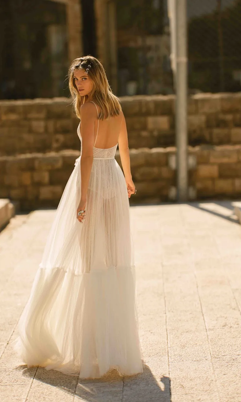 2021 moda vestidos de casamento espaguete cintas sem costas rendas apliques vestidos de noiva boho a linha vestido de casamento