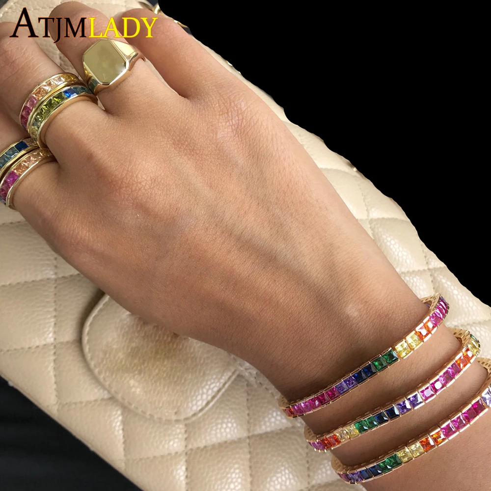 New Fashion Rainbow Cz Cubic Zirconia Tennis Bracelet For Women Men Luxury Jewelry Gold Color Gorgeous Trendy Bangle