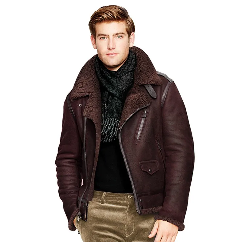 Winter Men Original Natural Shearling Air Force Coat Sheep Fur Lining Motorycle Jacket Slim Fit Genuine Leather Aviator Jackets