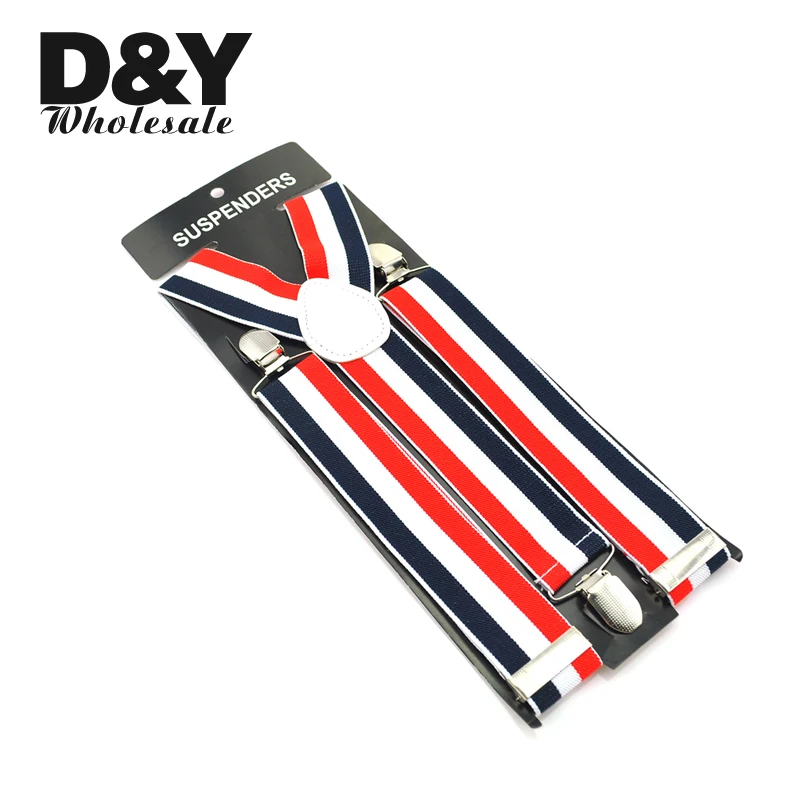 Baru 3.5 Cm Lebar 5 Garis Suspender Pria Pria Unisex Clip-On Kawat Gigi Elastis Suspensorio Fashion "Biru/Putih/Merah Bendera" Suspender