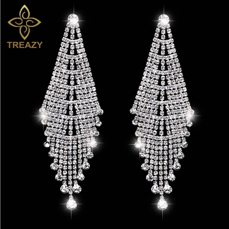 TREAZY Gorgeous Silver Plated Bridal Tassel Drop Earrings Sparkling Full Rhinestone Crystal Long Dangle Earrings Wedding Jewelry