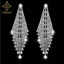 TREAZY Gorgeous Silver Plated Bridal Tassel Drop Earrings Sparkling Full Rhinestone Crystal Long Dangle Earrings Wedding Jewelry