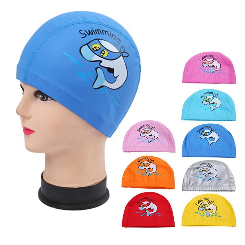 Kids Children Swimming Cap Waterproof PU Fabric Cute Cartoon Animal Dolphin Protect Ears Long Hair Boys Girls Swim Pool Caps Hat