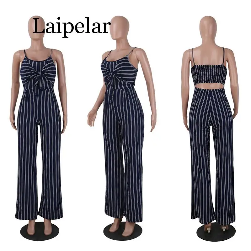 Elegan Bergaris Seksi Spaghetti Strap Rompers Wanita Set Tanpa Lengan Busur Kasual Lebar Kaki Celana Kodok Leotard Overal