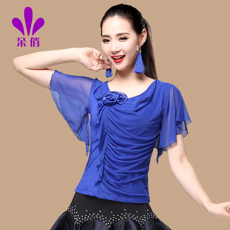 Camisa de baile cuadrada para mujer, ropa de baile de talla grande, manga corta, moda femenina, Rumba, Samba, novedad de verano, abrigos de baile, B-4342