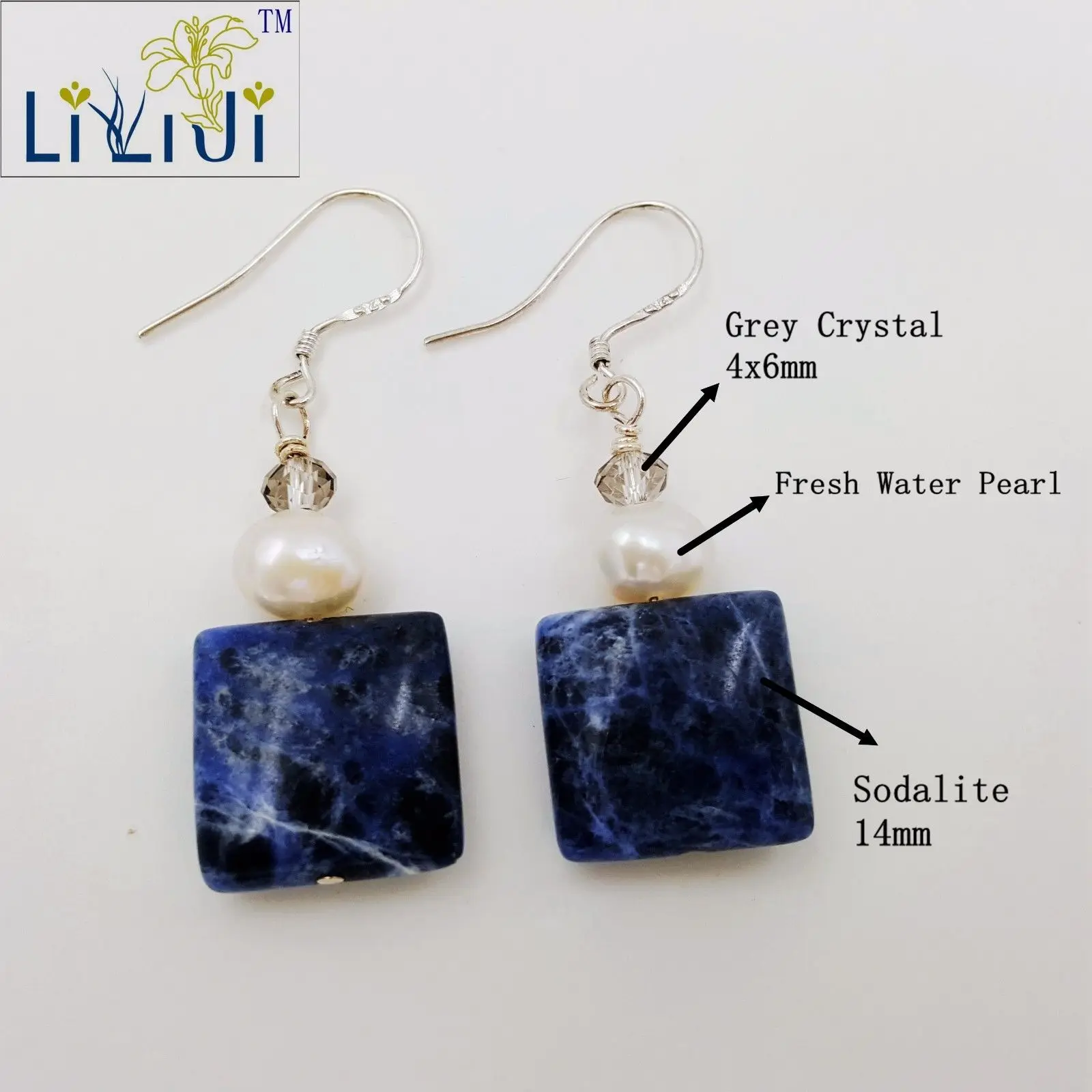 LiiJi Unique Natural Blue Sodalite&White Freshwater Pearl&Grey Crystal Dangle Earring