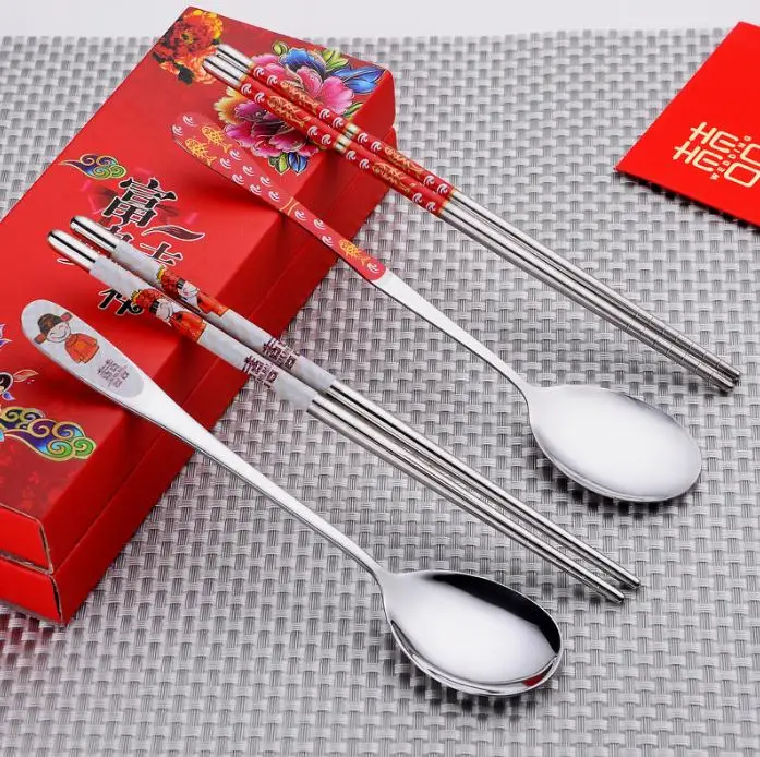 200sets Double Happiness Dinnerware Spoons Chopstick Sets in Gift Boxes Wedding Gift Party Favors SN1648