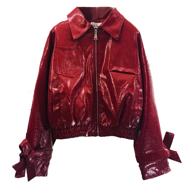 Zipper stitching glossy shiny PU jacket 2024 autumn new female motorcycle PU leather jacket short Slim pu jacket wq1151 dropship