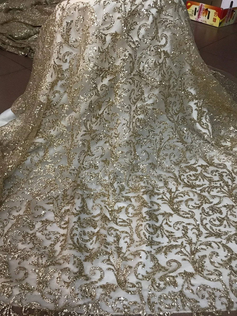 

glued glitter african Tulle lace in gold for nice dress S-51544 modern design french net lace fabric