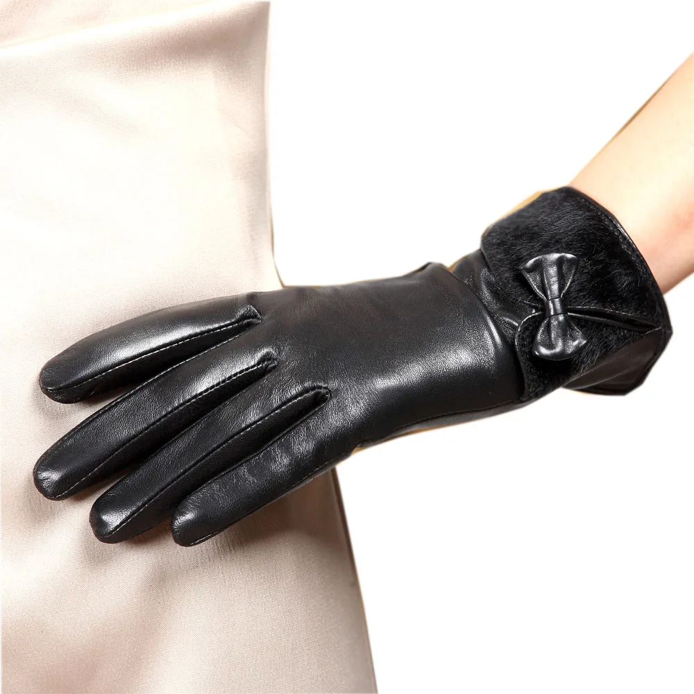 Women Brand Genuine Leather Gloves Fashion  Sheepskin Gloves Winter Plus Velvet Elegant Lady Finger Driving Glove L151NC-5