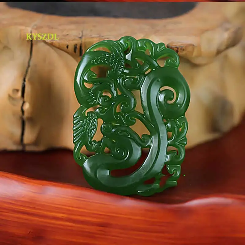 KYSZDL natural green yu stone hollow Hand carving Dragon Phoenix brand Fashion Jewelry men and women Sweater chain Pendant Gift