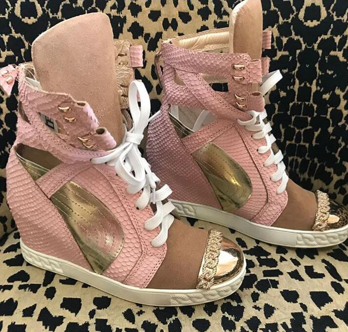 

Spring Hot Pink Python Leather Women Street Lace Up Casual Shoes Metal Toe Ladies Increased Heel Shoes Golden Leather Patchwork