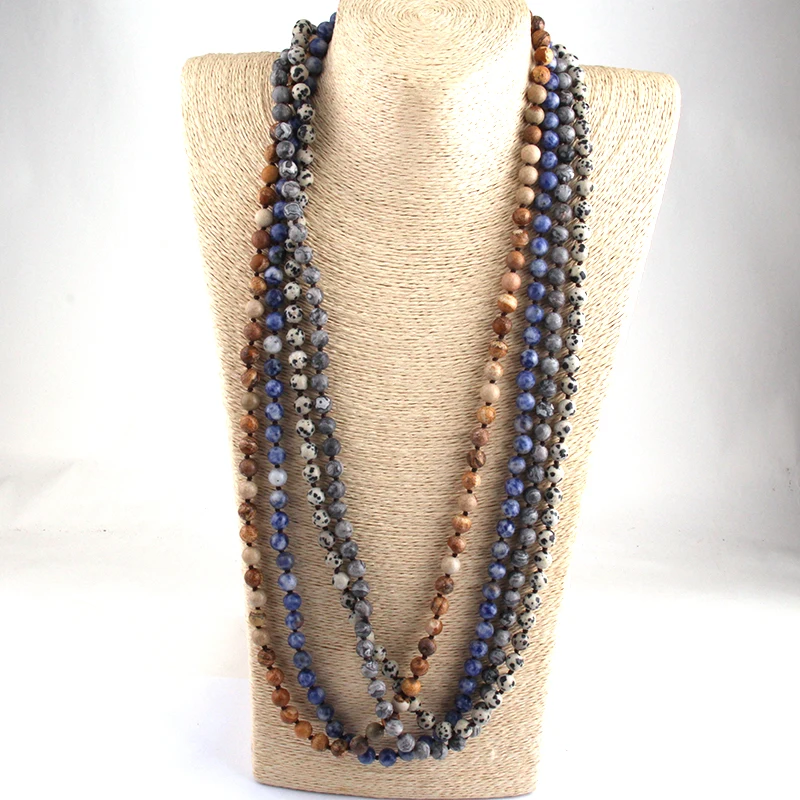 Fashion  Semi Precious Stones Beads Statement Necklaces long Knotted Beads Necklace