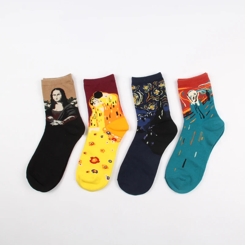 Fashion Art Combed Cotton Crew Women Socks Painting Creative Design Lovers socks Mona Lisa Van Gogh Starry Night