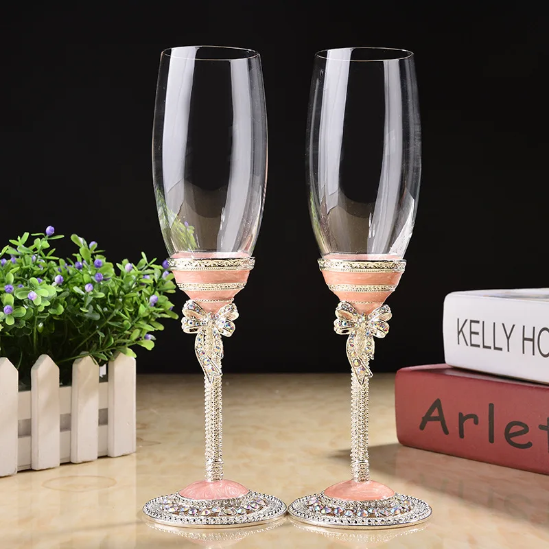 Creative gift art craft white pink wedding glasses champagne red wine bride groom crystal enamel cup party decor Toasting Goblet