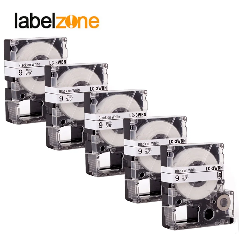Fita laminada adesiva forte da etiqueta de lc3wbn para kingjim 5 pces 9mm preto no branco compatível epson ss9kw/LC-3WBN fitas da etiqueta