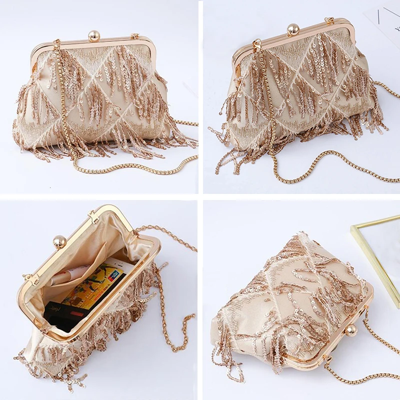 Elegant Champagne Lady Shoulder Bag Fashion Sequined Tassel Women Clutch Bag Female Metal Chain Handbag Party Purse ZD1196