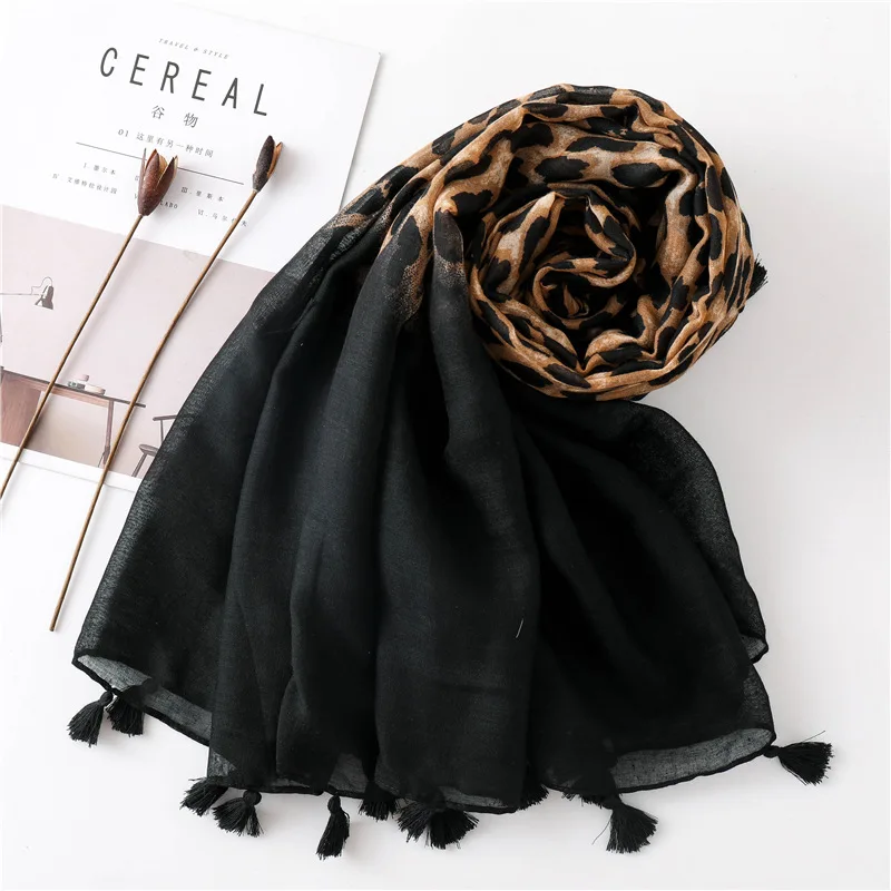 2025 herbst Winter Leopard Dot Quaste Viskose Schal Schal Frauen Drucken Halstuch Snood Luxus Marke Foulards Moslemisches Hijab Sjaal – Detail 17