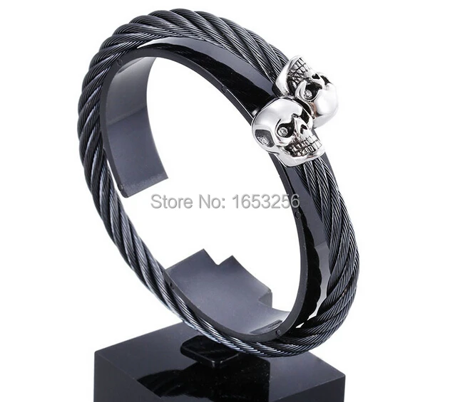 New XMAS Gift High Quality Men's Biker Skull Heads End Cuff  Bangle 316L Stainless Steel Wire Cable Bracelet Fashion  Jewelry