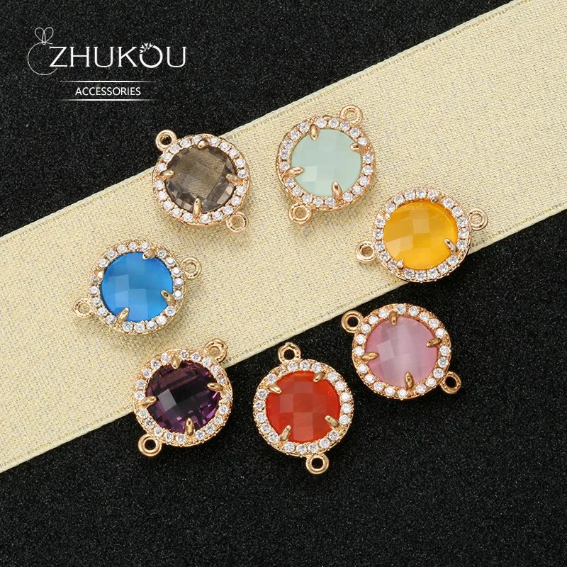 ZHUKOU 12x16mm Brass Cubic Zirconia Round Crystal Connectors for Necklace Handmade jewelry making findings model:VS352
