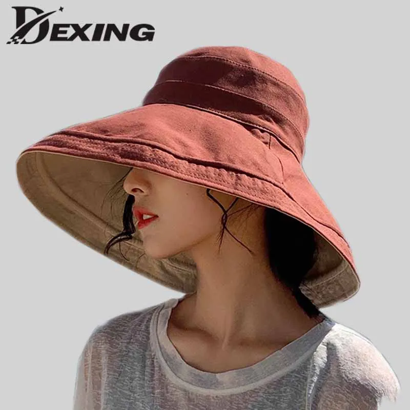 Reversible Foldable Cotton Sun Hat for Women Summer Wide Brim UV Protection Panama Beach Hat Ladies Girls Outdoor Korean Sea hat