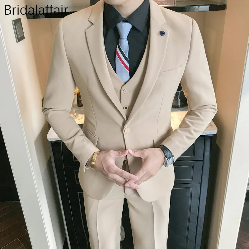 

KUSON Beige Mens Suits Set Groom Tuxedos Wedding Prom Dinner Men Latest Coat Pant Designs Male Suits 3 Piece (Jacket+Pants+Vest)