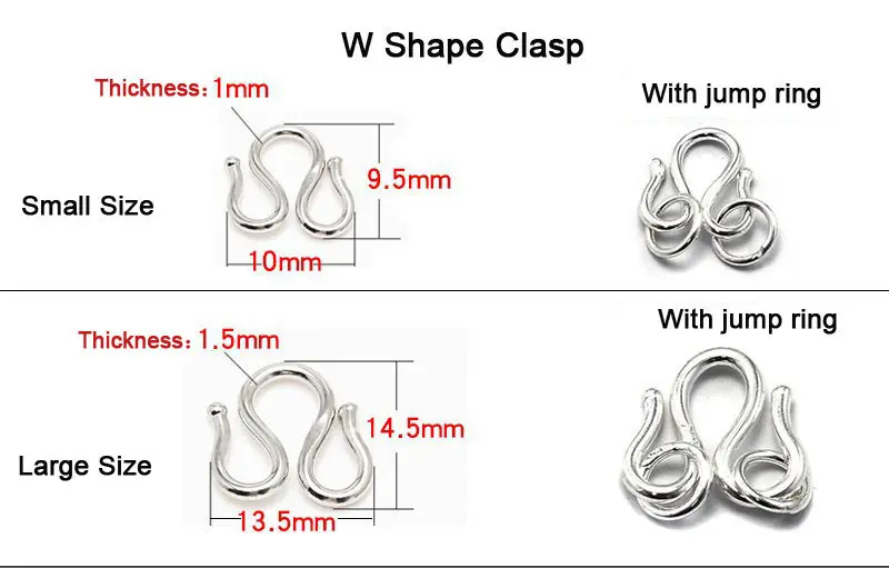 W Shape Authentic S990 Sterling Silver Clasps For DIY Bracelet Necklace Fine Jewelry Accessories 10pcs/lot SC-CZ110